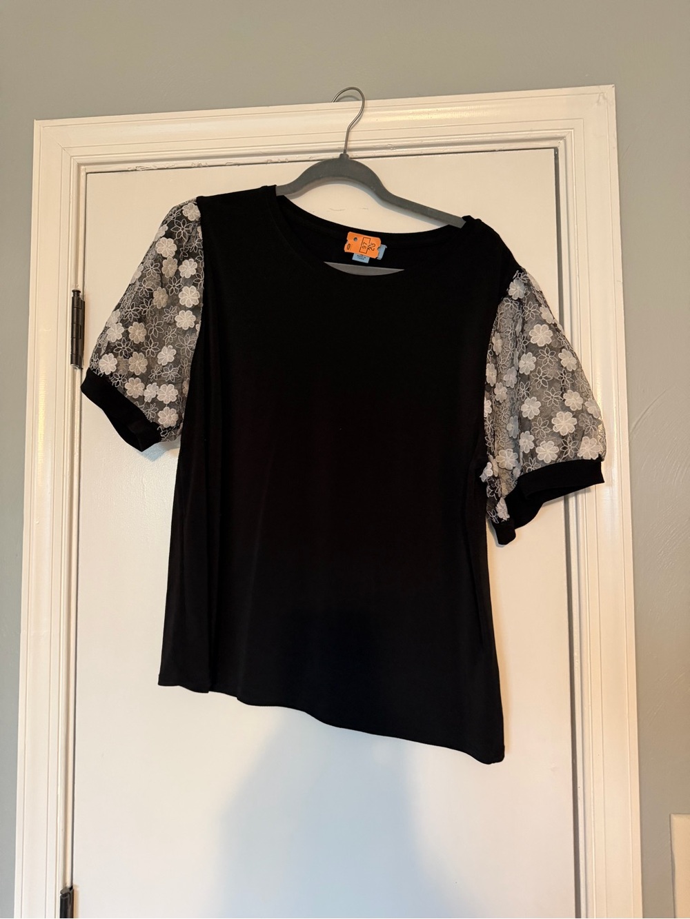 CeCe Black Short Sleeve Top with White Floral Lace Puff Sleeves